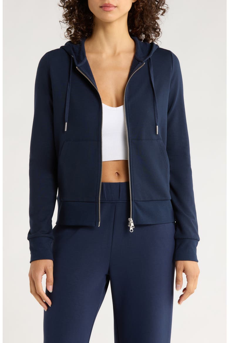Slim Fit Cozy Recycled Polyester Blend Fleece Full Zip Hoodie, Main, color, NAVY BLAZER