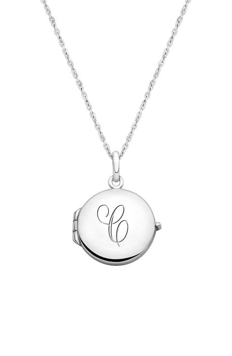 Sterling Silver Round Locket & Engraved Initial 14-16" Necklace