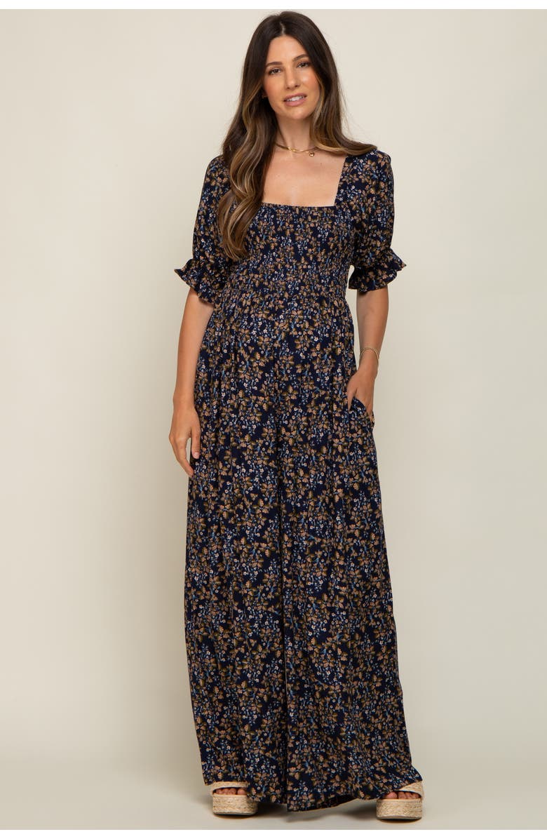 PinkBlush Floral Smocked Jumpsuit, Alternate, color, Navy Blue