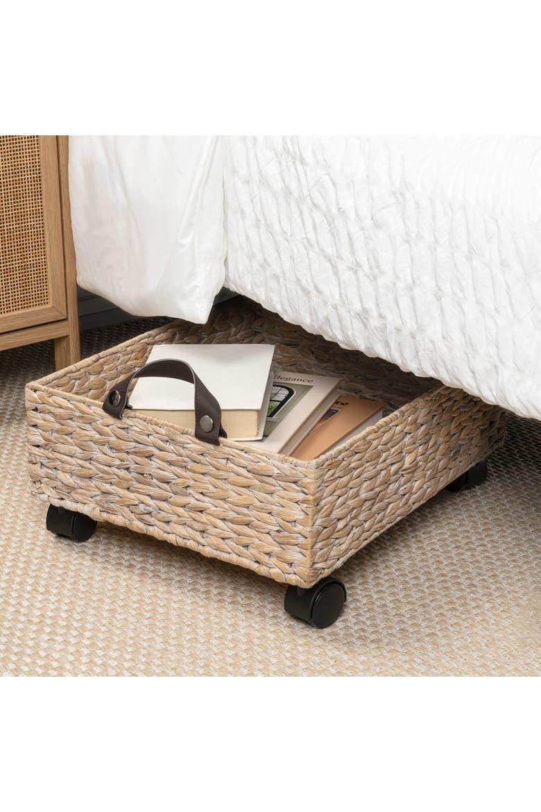 Adaline Classic Farmhouse Hand-Woven Hyacinth Rectangular Underbed Storage Bin with Wheels and Handles, Alternate, color, White Wash