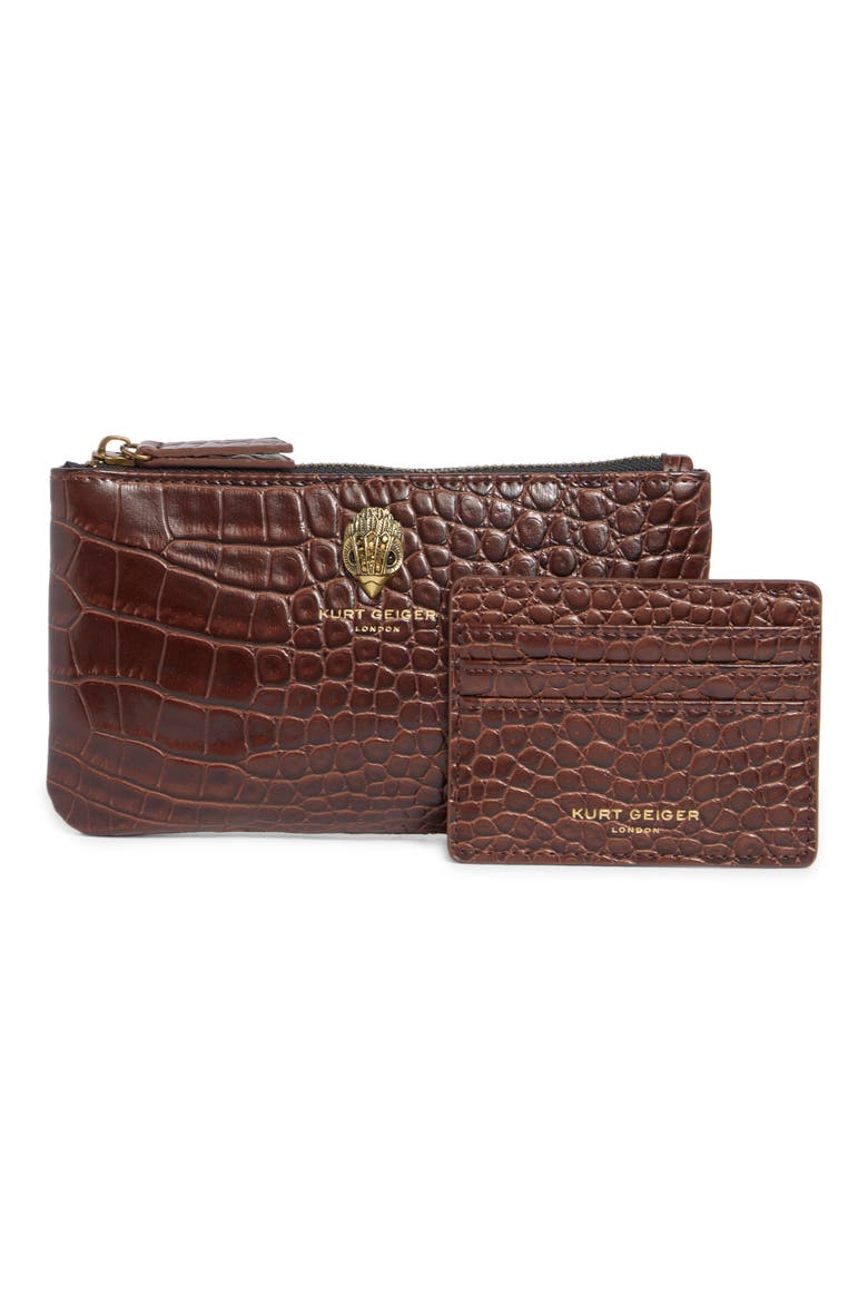 Croc Embossed Faux Leather Pouch and Cardholder Set, Main, color, BROWN