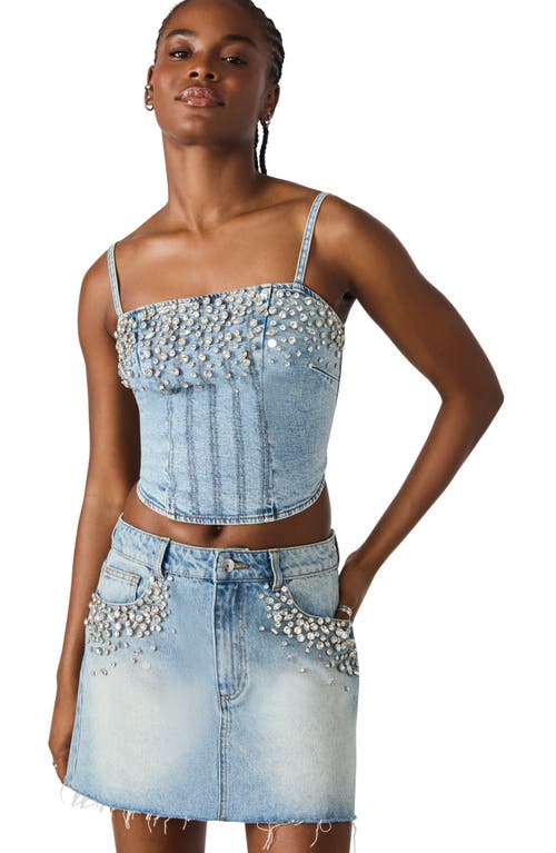 Steve Madden Eras Rhinestone Raw Hem Denim Miniskirt