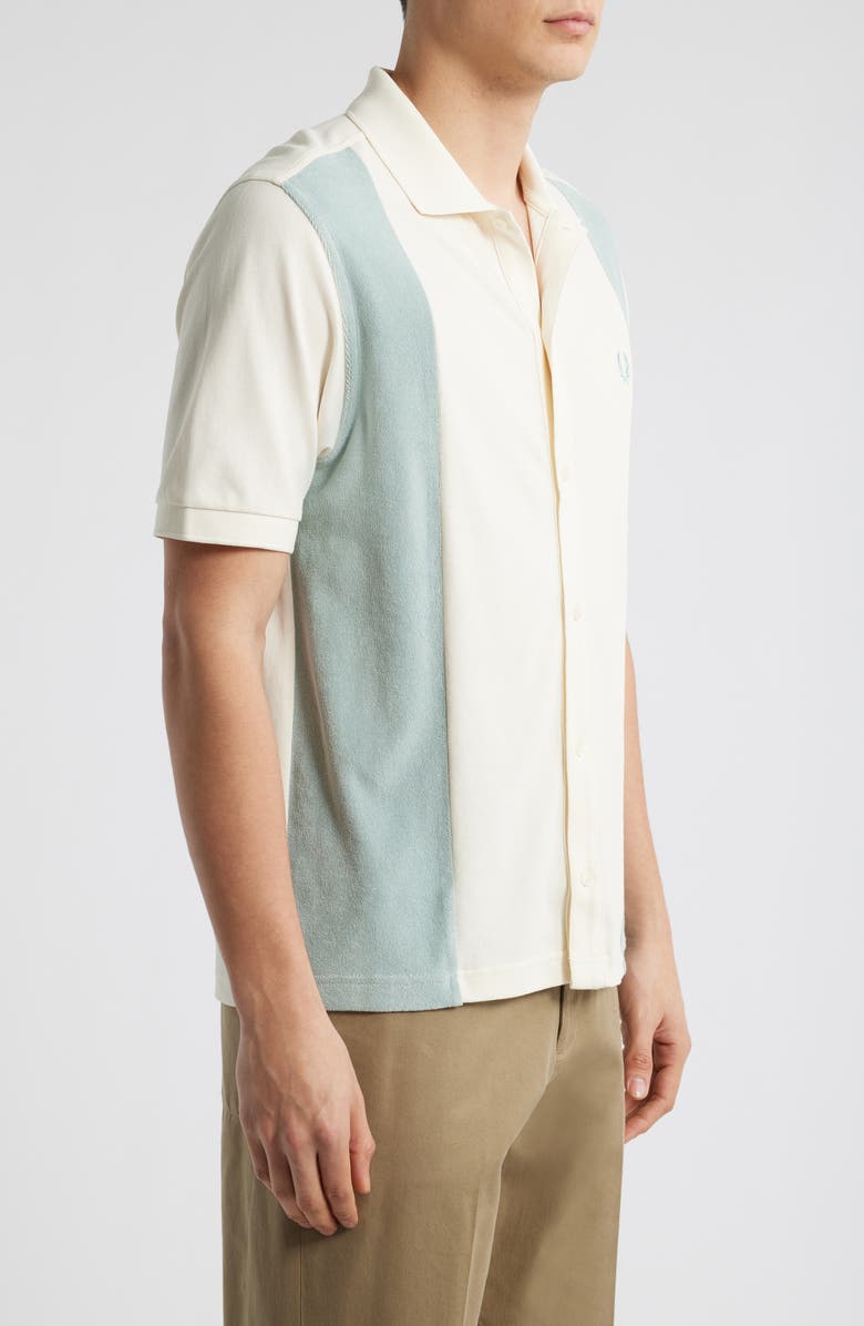 Fred Perry Panel Colorblock Terry Cloth Short Sleeve Button-Up Shirt, Alternate, color, Blue/ Ecru