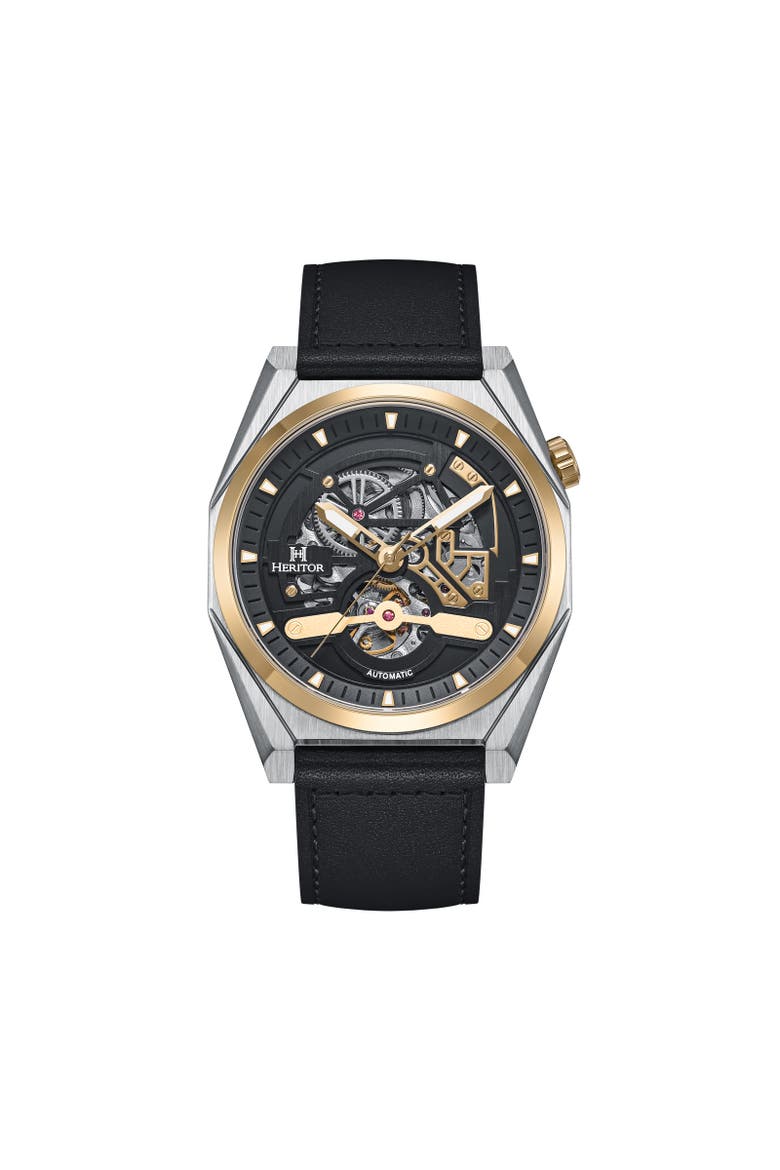 Amadeus Semi-Skeleton Leather-Band Watch, Main, color, Gold/Black