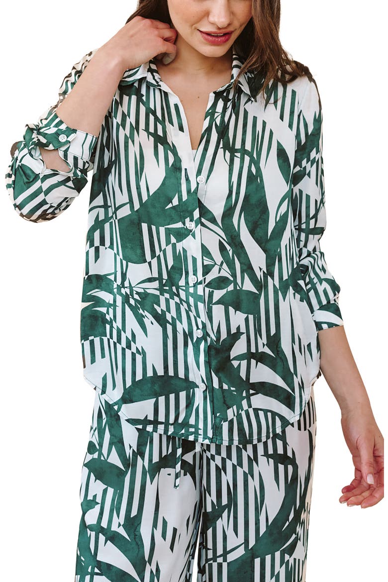 Abstract Leaf Print Button-Up Shirt, Main, color, PALM PARADISE