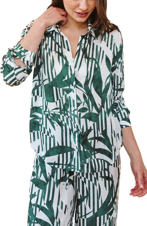 Abstract Leaf Print Button-Up Shirt
