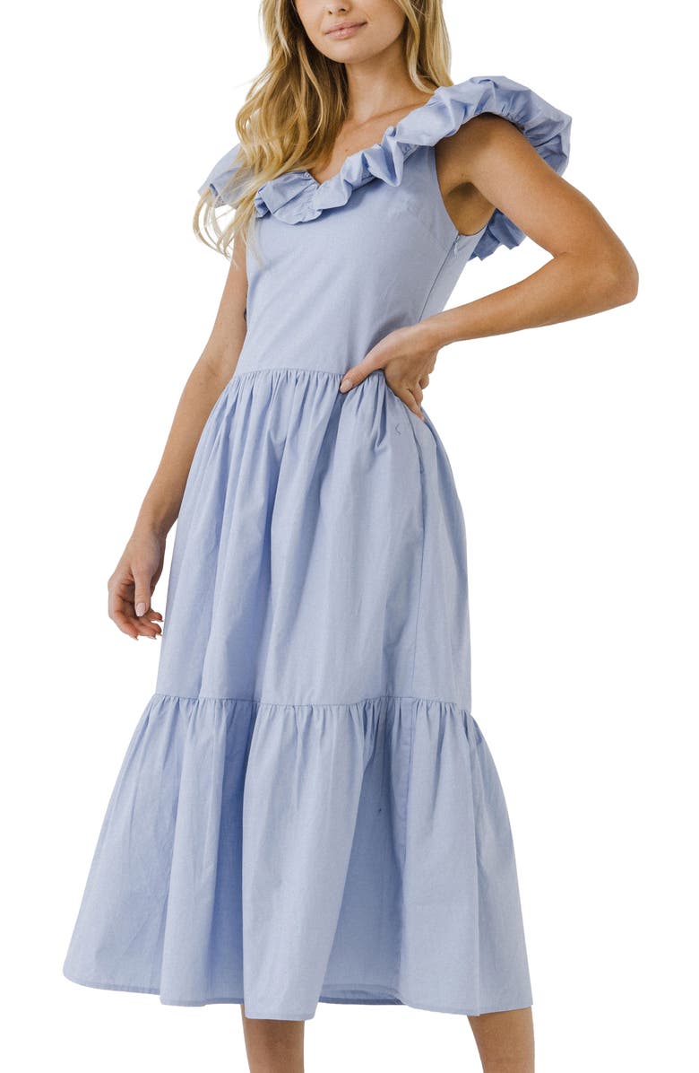 English Factory Ruffle Midi Dress, Alternate, color, Powder Blue
