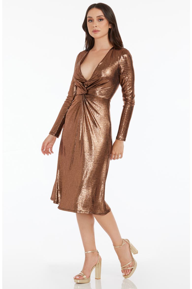 Daria Metallic Long Sleeve Fit & Flare Dress, Alternate, color, BRONZE