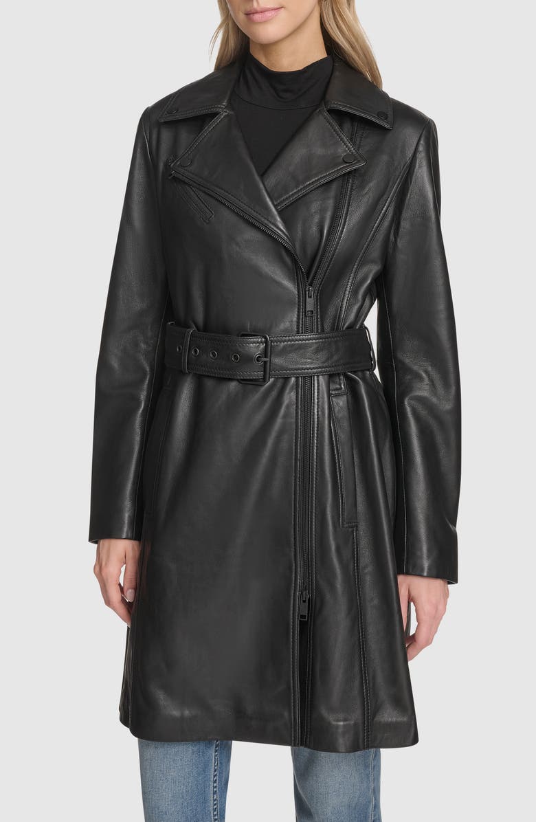 Andrew Marc Jacqui Leather Trench Coat, Main, color, Black
