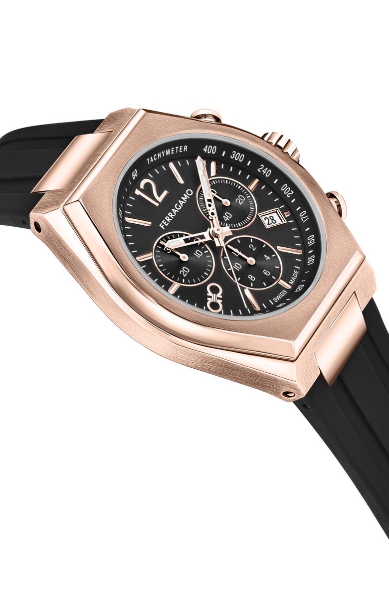 FERRAGAMO Tonneau Chronograph Silicone Strap Watch, 42mm, Alternate, color, Rosegold