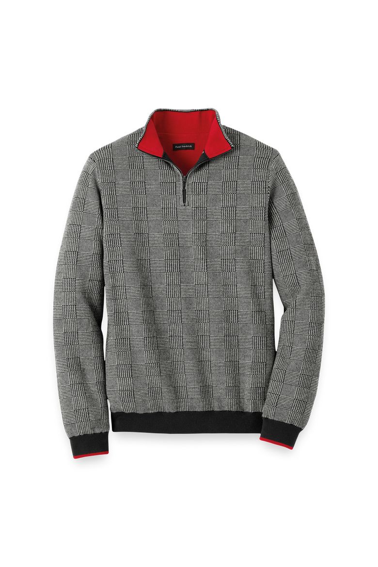 Cotton Quarter Zip Mock Neck Sweater, Main, color, BLACK/WHITE GLEN PLAID