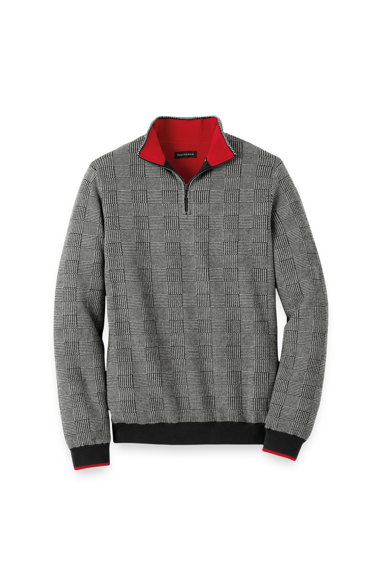 Paul Fredrick Cotton Quarter Zip Mock Neck Sweater, Main, color, Black/White Glen Plaid