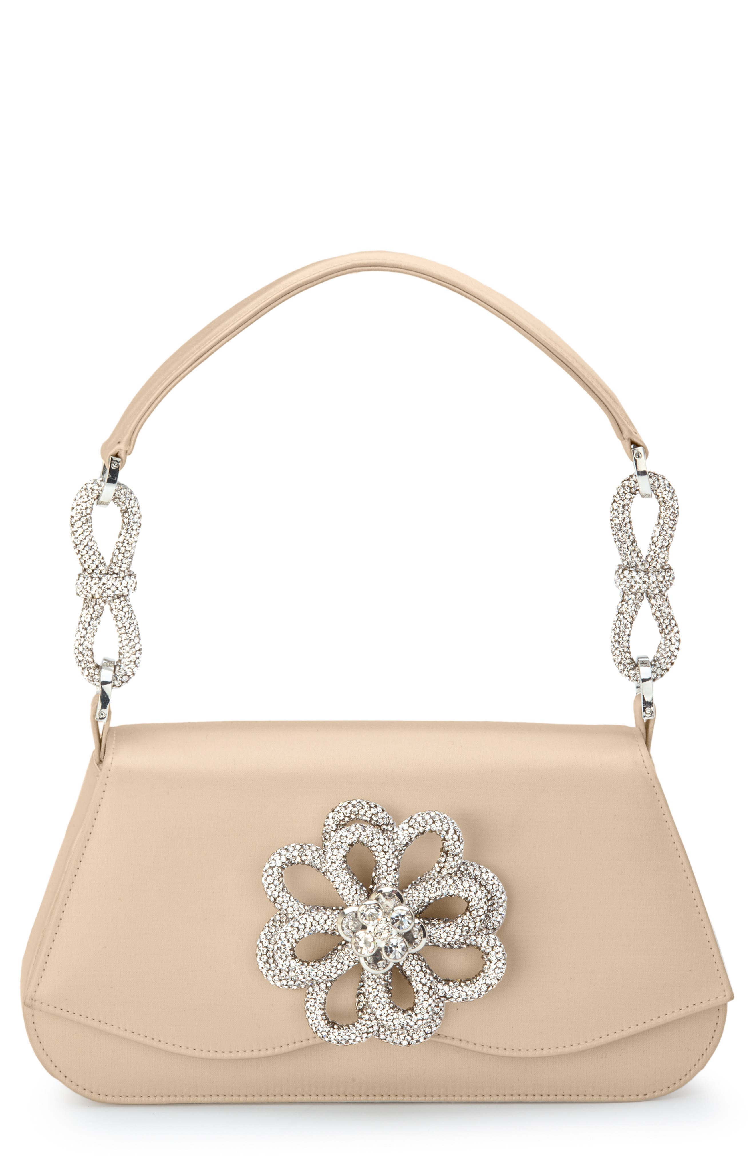 Mach & Mach Medium Carrie Crystal Flower Satin Shoulder Bag, Main, color, 