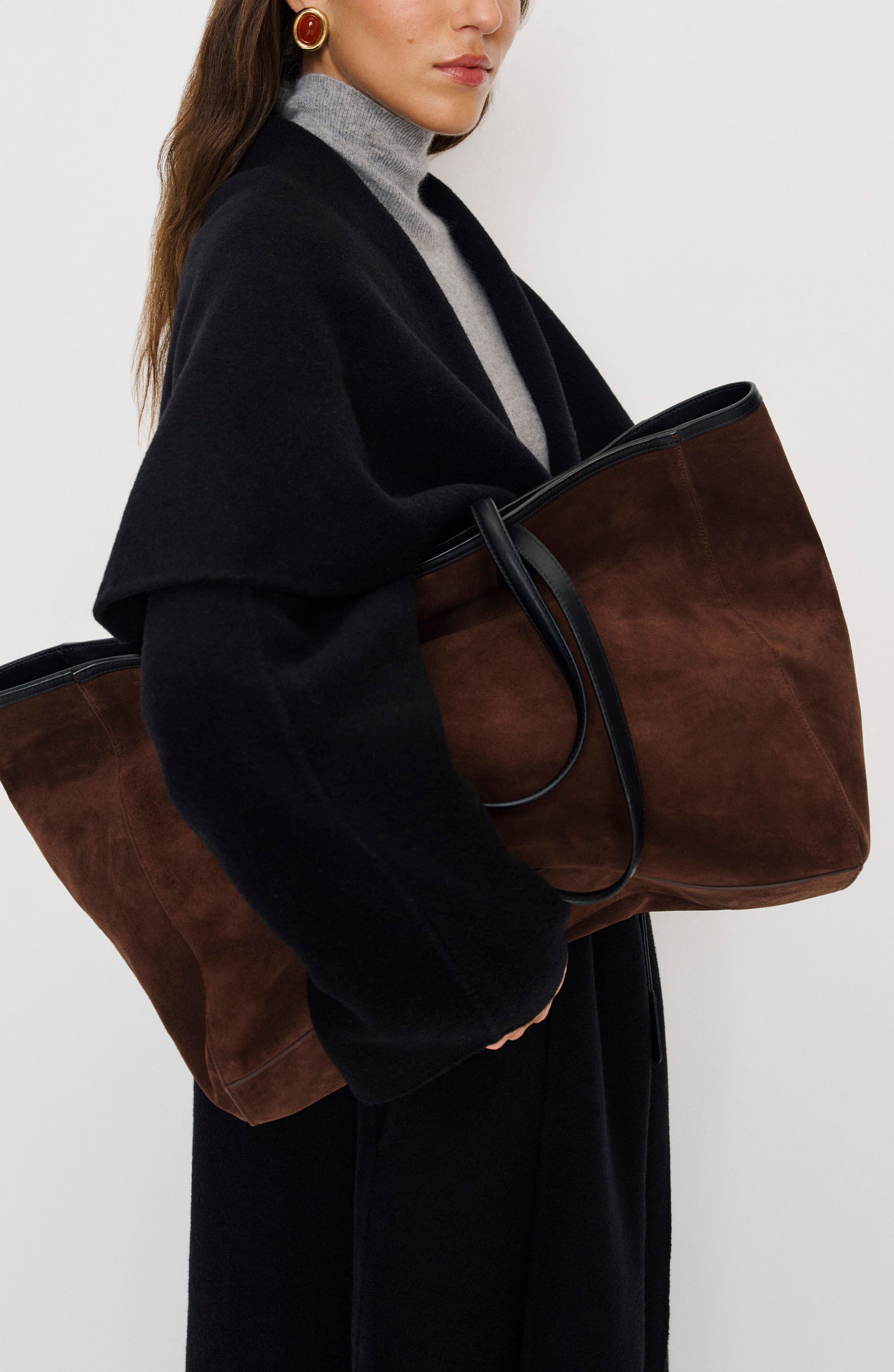 Sofia Leather Tote, Alternate, color, ESPRESSO SUEDE BLACK LEATHER