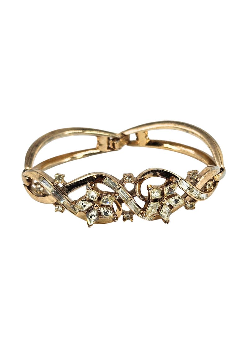 Vintage 1950s Flower Rhinestone Gold Bracelet, Main, color, Gold