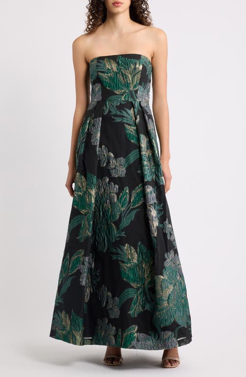 Strapless Metallic Jacquard A-Line Gown