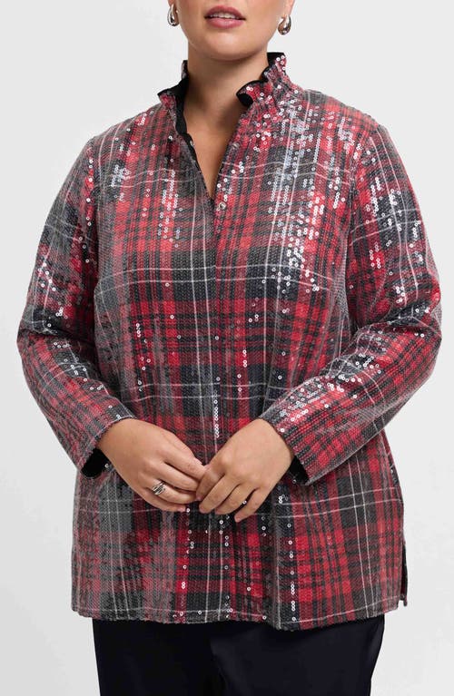 Foxcroft Carolina Sequin Plaid Cotton Blend Button-up Shirt In Animal Print