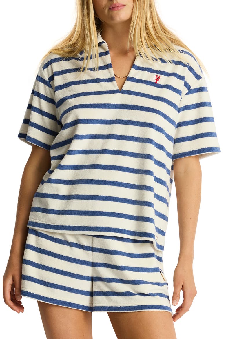 Ahoy Stripe Cotton Blend French Terry Cover-Up Polo Shirt, Main, color, DENIM BLUE