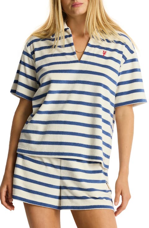 Ahoy Stripe Cotton Blend French Terry Cover-Up Polo Shirt