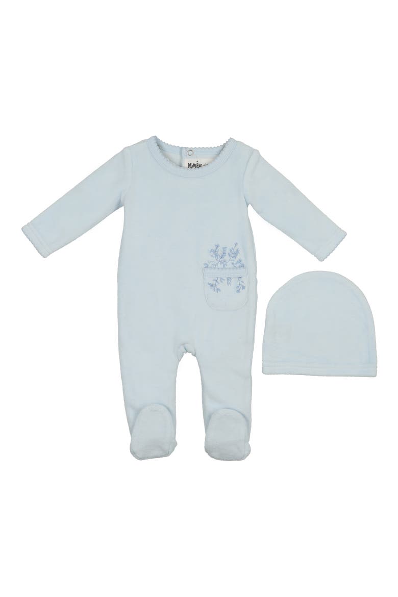 Velour Pocket Cotton Blend Footie & Beanie Set, Main, color, PALE BLUE