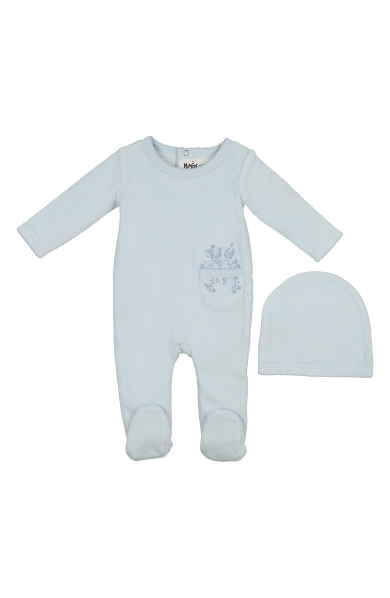 Manière Velour Pocket Cotton Blend Footie & Beanie Set, Main, color, Pale Blue