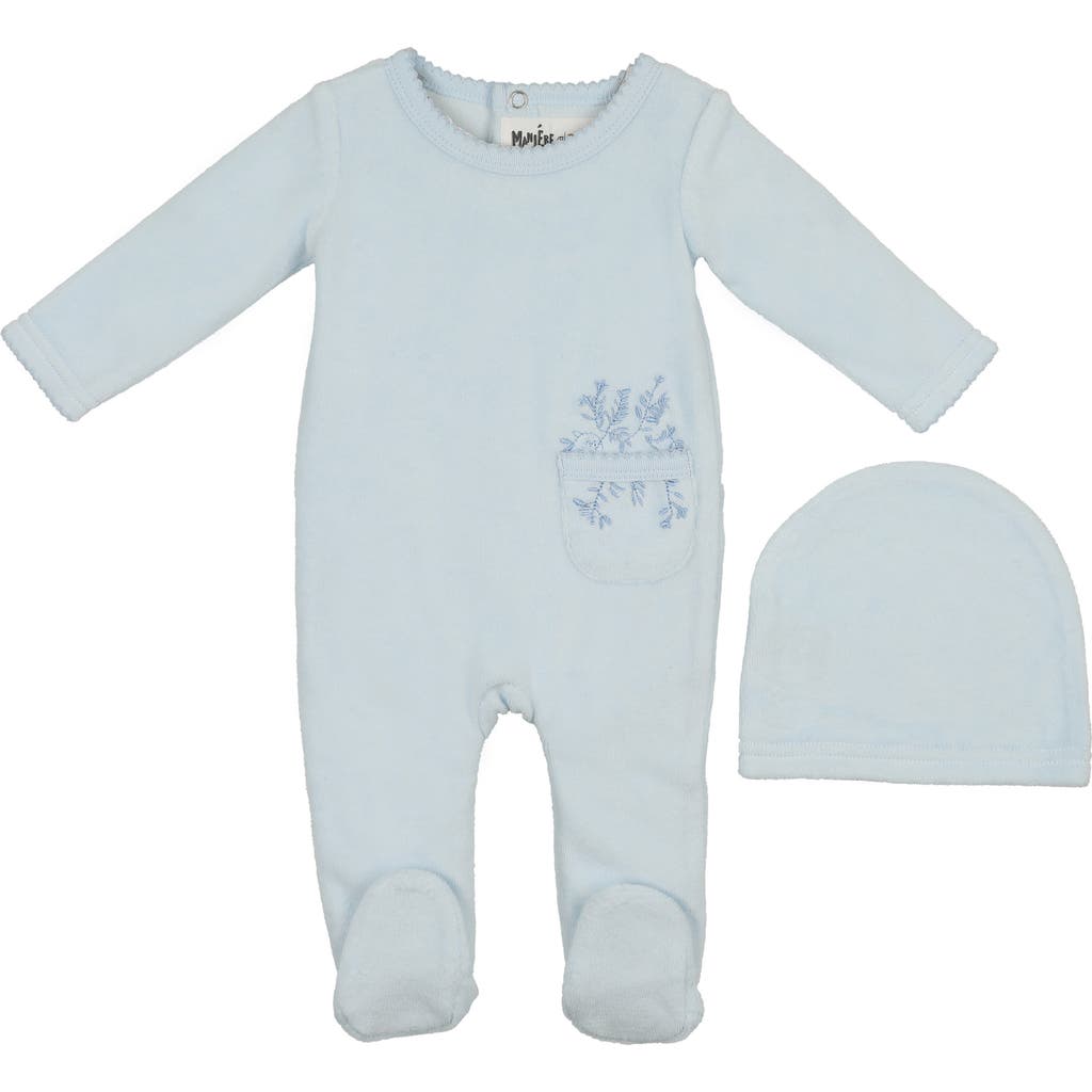 Maniere Manière Velour Pocket Cotton Blend Footie & Beanie Set In Blue