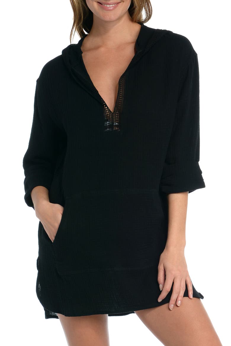 Hooded Cotton Gauze Cover-Up Tunic, Main, color, BLACK