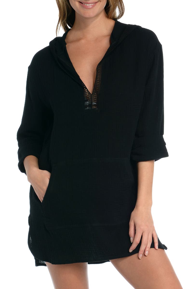 La Blanca Hooded Cotton Gauze Cover-Up Tunic, Main, color, Black
