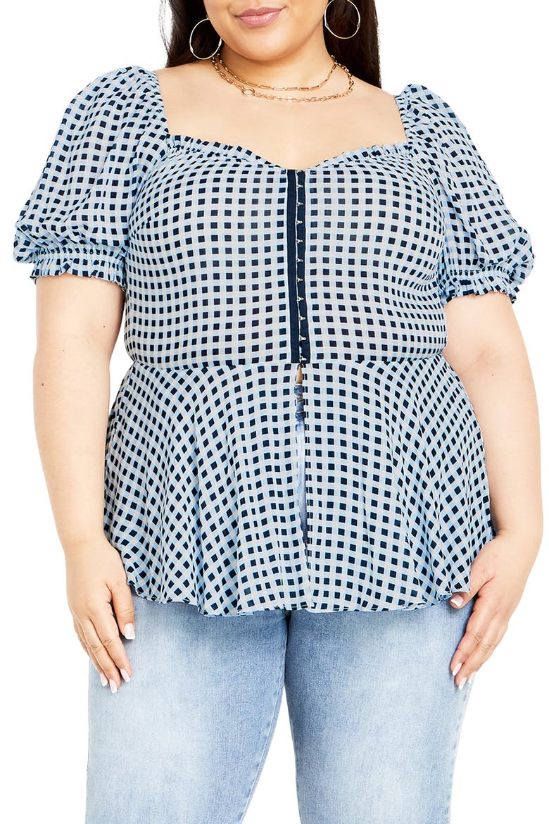 Isobel Gingham Puff Sleeve Peplum Top, Main, color, NAVY CHECK