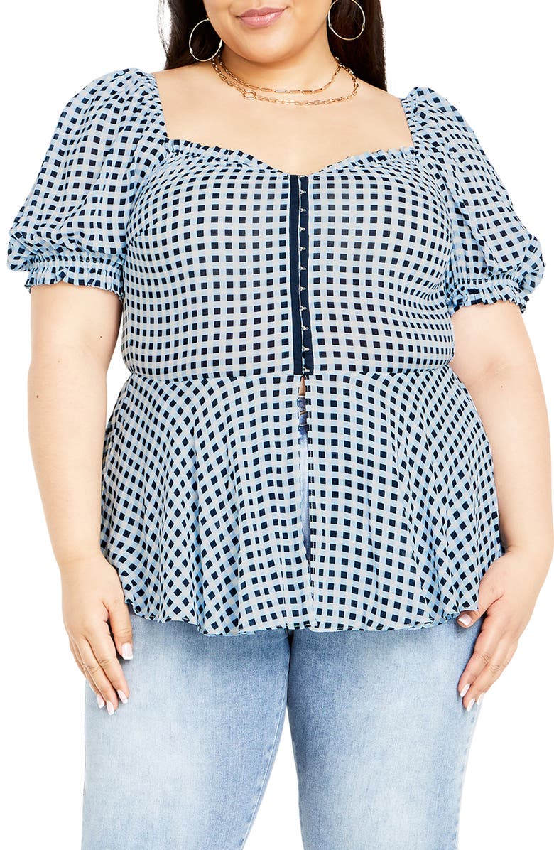 City Chic Isobel Gingham Puff Sleeve Peplum Top, Main, color, Navy Check