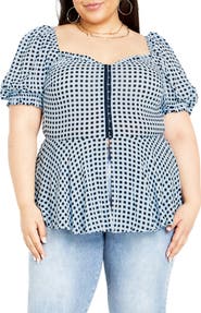 City Chic Isobel Gingham Puff Sleeve Peplum Top