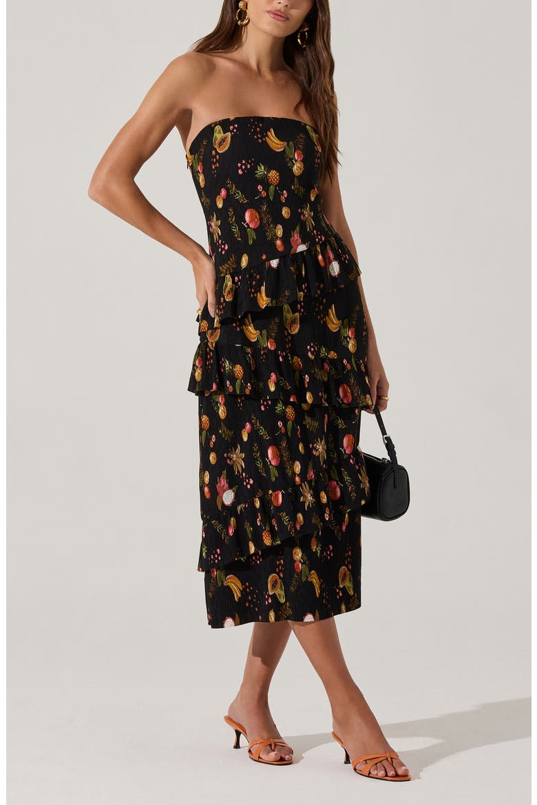 Plissé Asymmetric Tiered Ruffle Strapless Midi Dress, Alternate, color, BLACK FRUIT PRINT