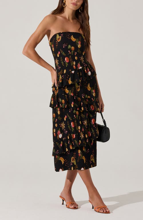 Astr The Label Plissé Asymmetric Tiered Ruffle Strapless Midi Dress In Black Fruit Print