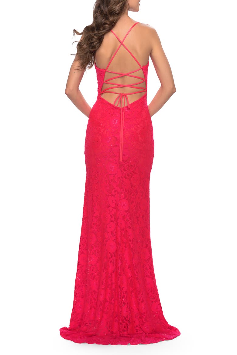 Lace Long Dress with Scallop Detail on Skirt Slit, Alternate, color, Hot Coral