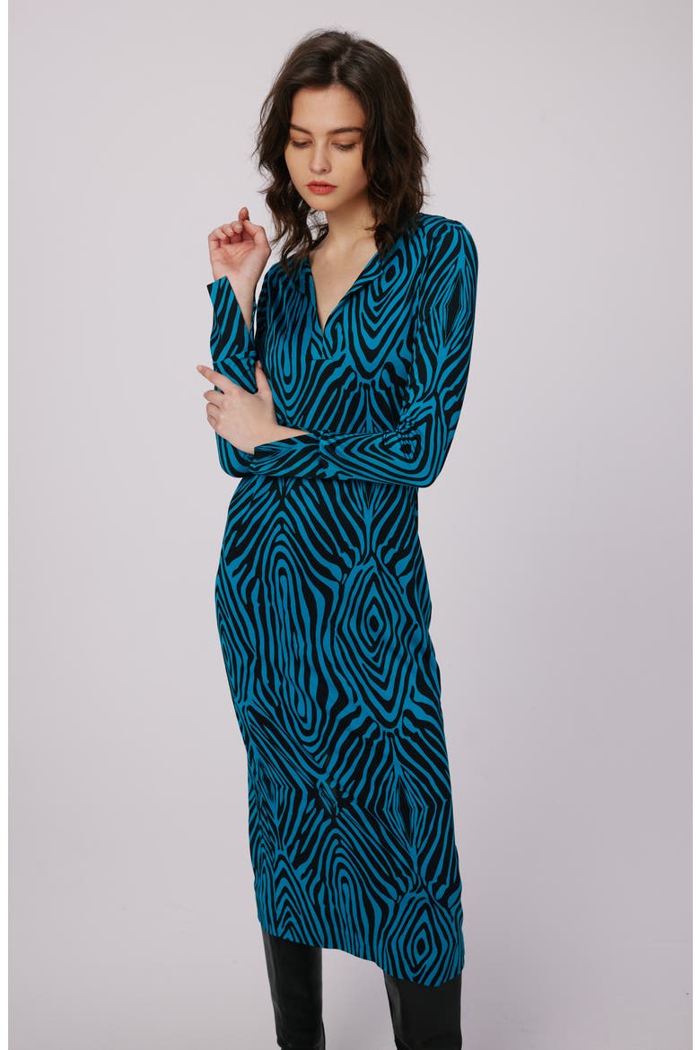Sonca Zebra Print Long Sleeve Midi Dress, Alternate, color, ZEBRA BLUE LG