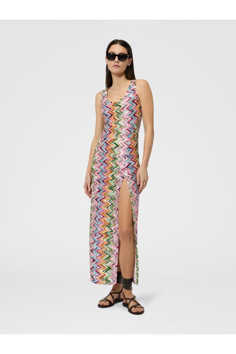 Long Cover-up In Stretch Viscose With Lace And Zigzag Motif, Alternate, color, Multicoloured