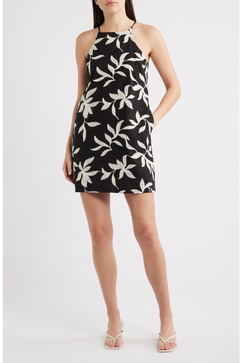 Floral Embroidered A-Line Minidress, Main, color, RICH BLACK 060