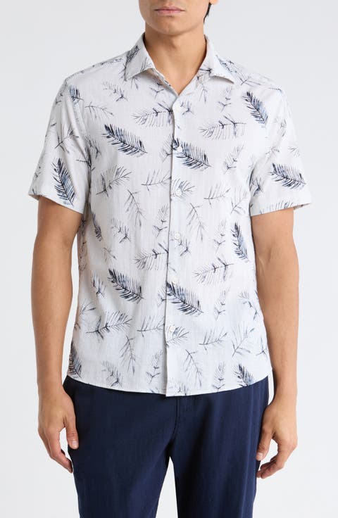 Manolo Feather Print Short Sleeve Stretch Cotton Button-Up Shirt