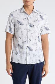 Robert Barakett Manolo Feather Print Short Sleeve Stretch Cotton Button-Up Shirt