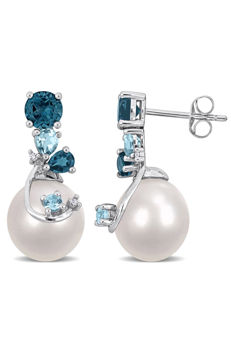 Julianna B. Pearl Blue Topaz & Diamond Drop Earrings, Main, color, Silver/Freshwater Pearl