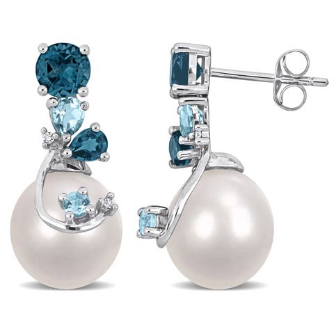 Pearl Blue Topaz & Diamond Drop Earrings