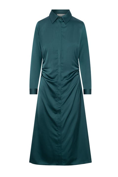 Satin Side Gathered Button Front Shirt Dress