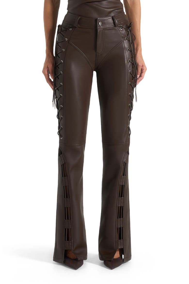 Ambre Leather Lace Up Flared Trousers, Main, color, Brown
