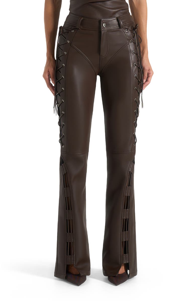 Manière De Voir Ambre Leather Lace Up Flared Trousers, Main, color, Brown