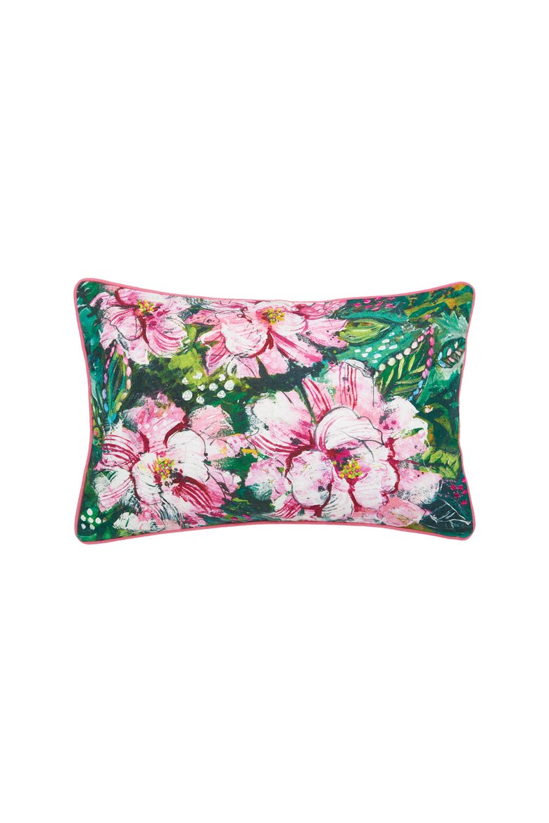 Peony Pink Flowers HD Printed Cotton Blend Lumbar Accent Pillow 14" x 22", Main, color, Pink