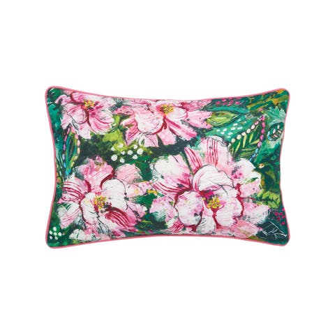 Peony Pink Flowers HD Printed Cotton Blend Lumbar Accent Pillow 14" x 22"