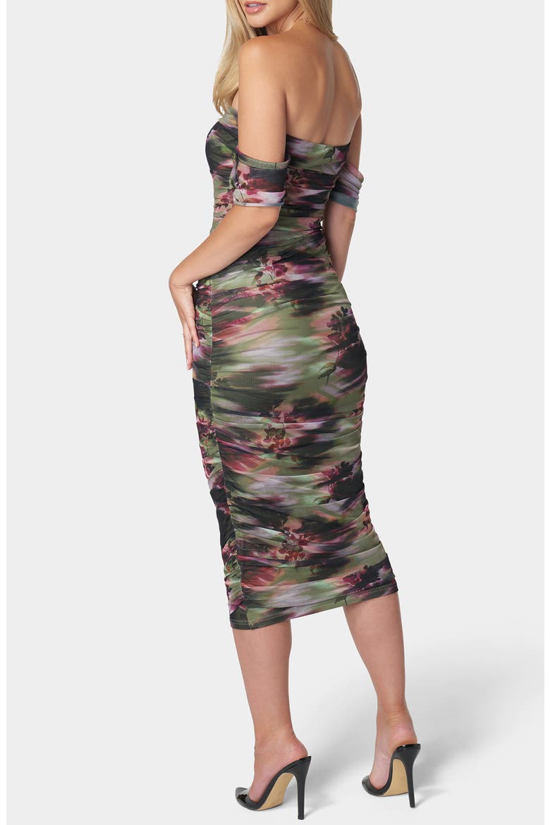 Off-the-Shoulder Ruched Midi Dress, Alternate, color, OLIVE MULTI