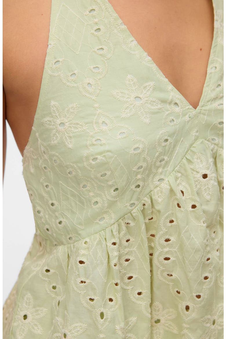 Embroidered Eyelet Halter Neck Babydoll Top, Alternate, color, FOG GREEN DETAIL SNOW WHITE EM