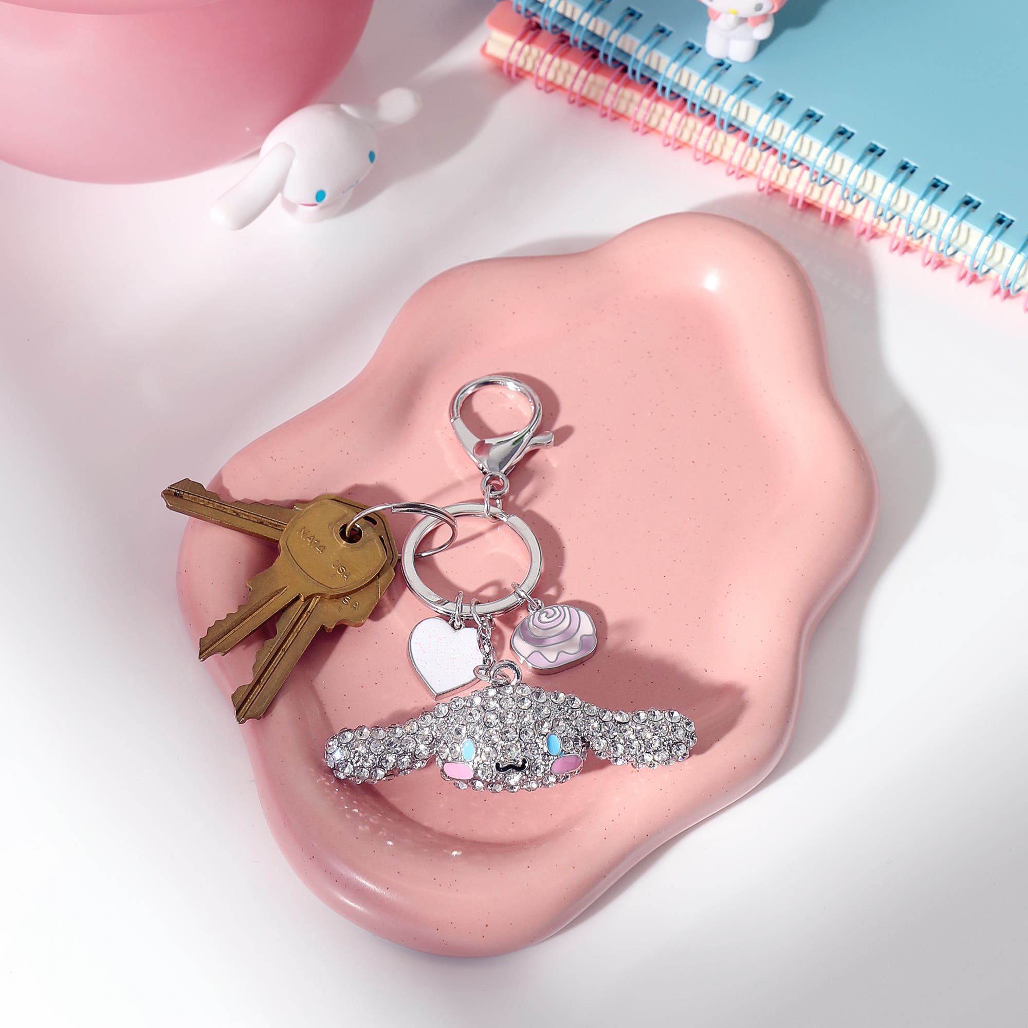 Hello Kitty Cinnamoroll Crystal Keychain with Candy & Heart Charms, Alternate, color, Silver