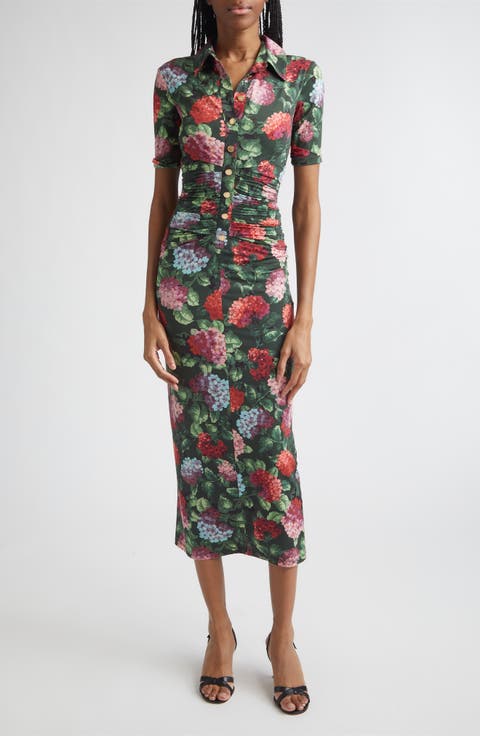 Hydrangea Ruched Jersey Polo Midi Dress